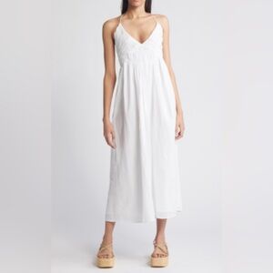 Treasure & Bond Smocked Bodice Strappy Back Cotton Dress in white